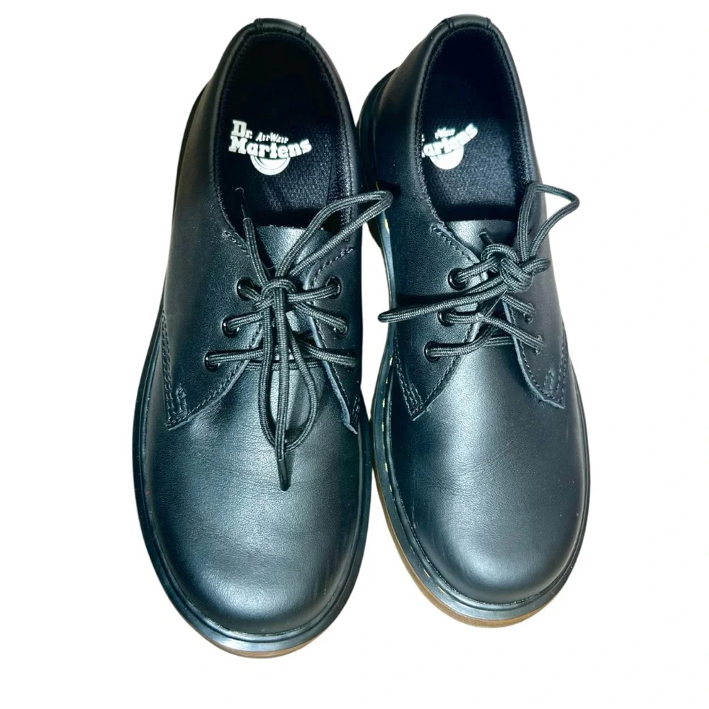 Dr. Martens 1461J Kids Black Leather Lace-Up Shoe with Yellow Stitching